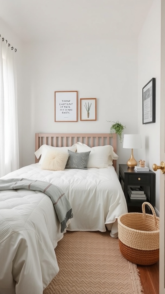 Cozy small bedroom with functional decor items like framed art, plants, and a woven basket.