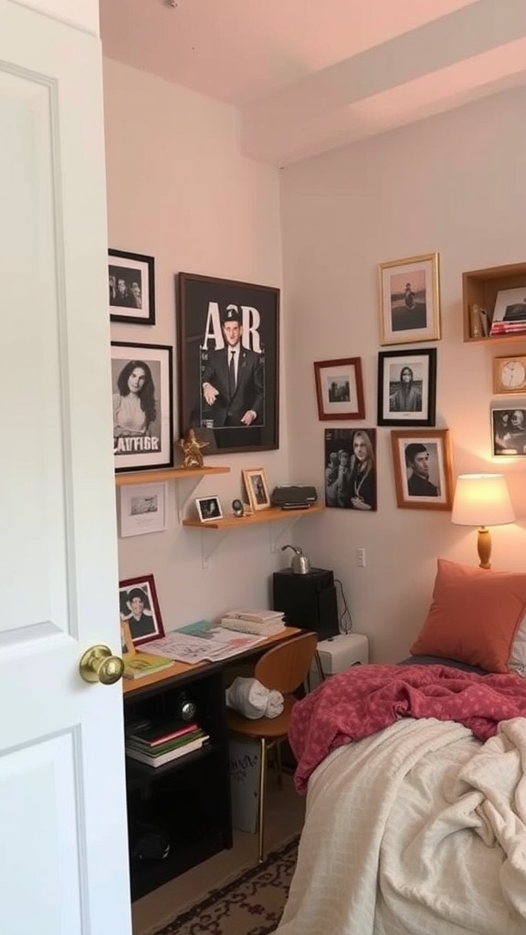 A cozy small bedroom with a gallery wall of photos and art, along with a desk and a bed.