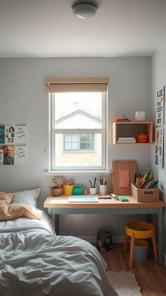 A small bedroom featuring a cozy bed and an organized art station with colorful supplies.