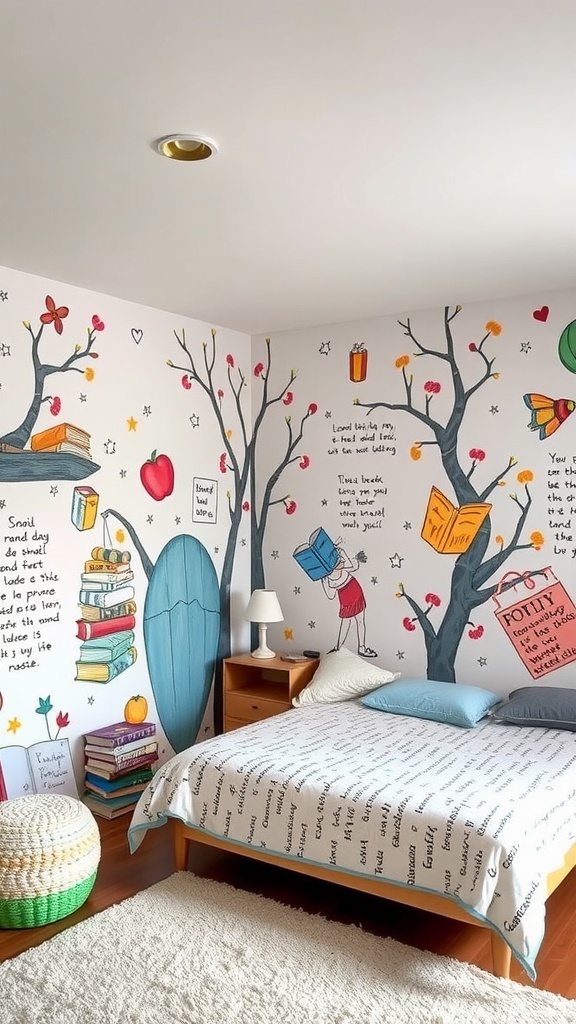 A bedroom with a colorful book-themed mural featuring trees, books, and playful illustrations.