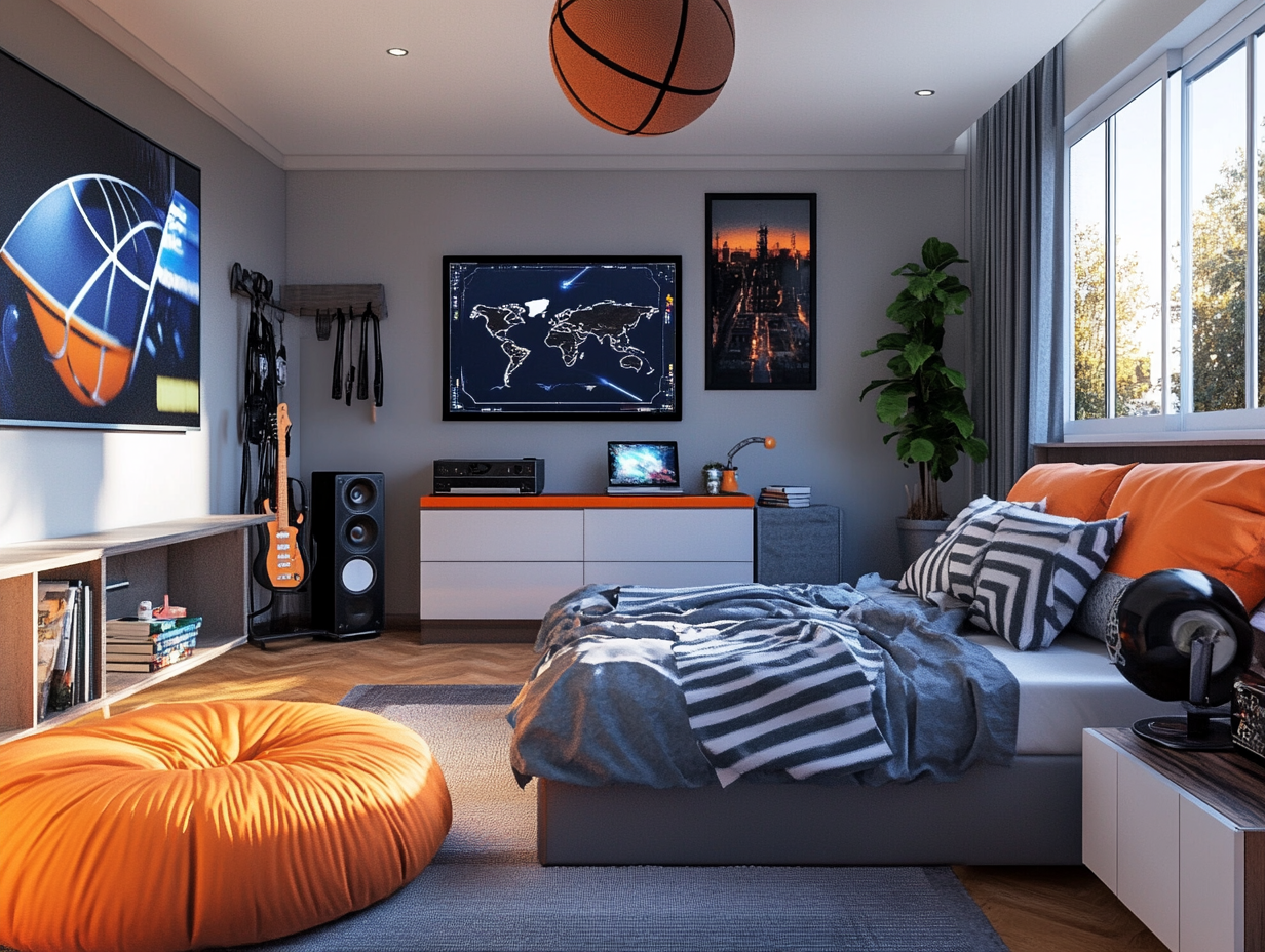 A modern bedroom with a basketball theme features orange and gray accents, a basketball hoop, guitars, a large window, and a TV displaying a basketball. A world map and cityscape art adorn the walls. A cozy bean bag sits by the bed.