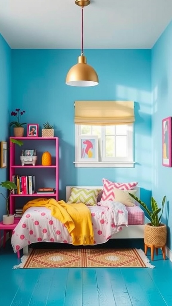 A bright and cheerful small bedroom for kids with blue walls, colorful bedding, and vibrant furniture.