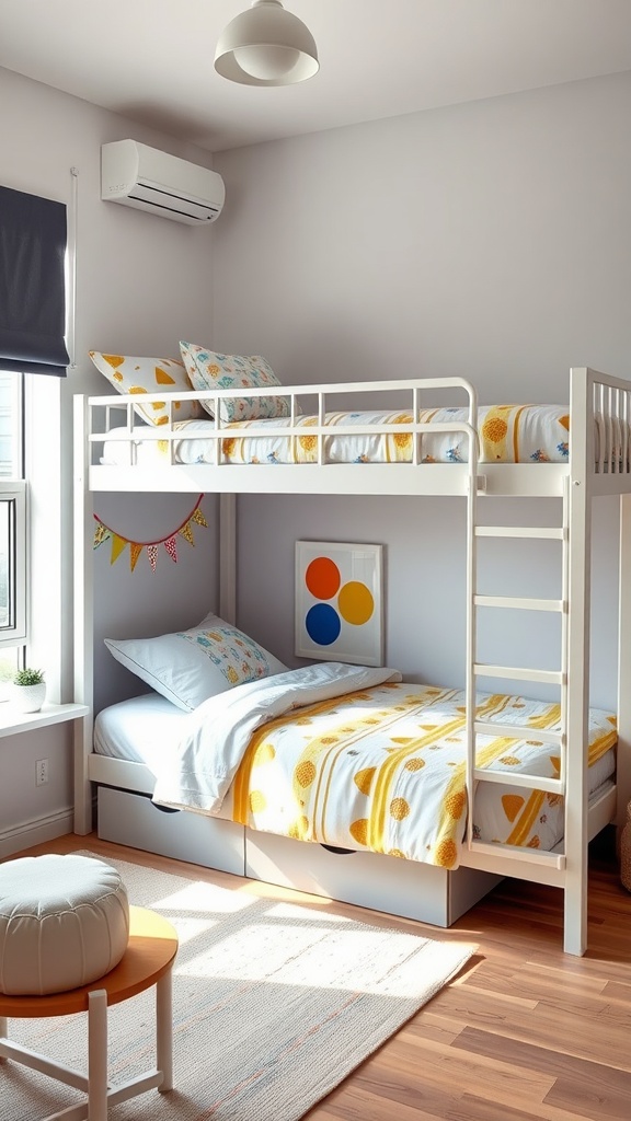 A bright kids' bedroom featuring a white bunk bed with colorful bedding, a cozy chair, and storage drawers underneath.