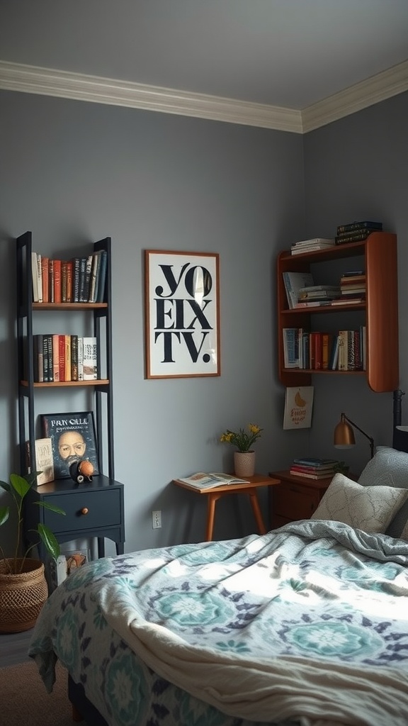 Cozy reading nook with bookshelves and comfortable seating in a small bedroom