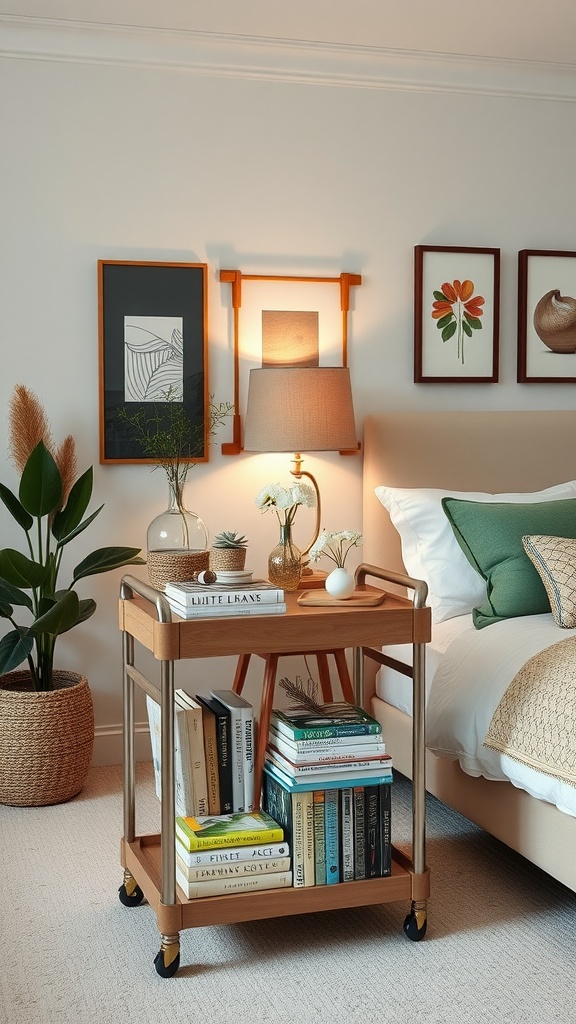 A stylish book cart on wheels in a cozy bedroom setting, featuring books and decorative items.