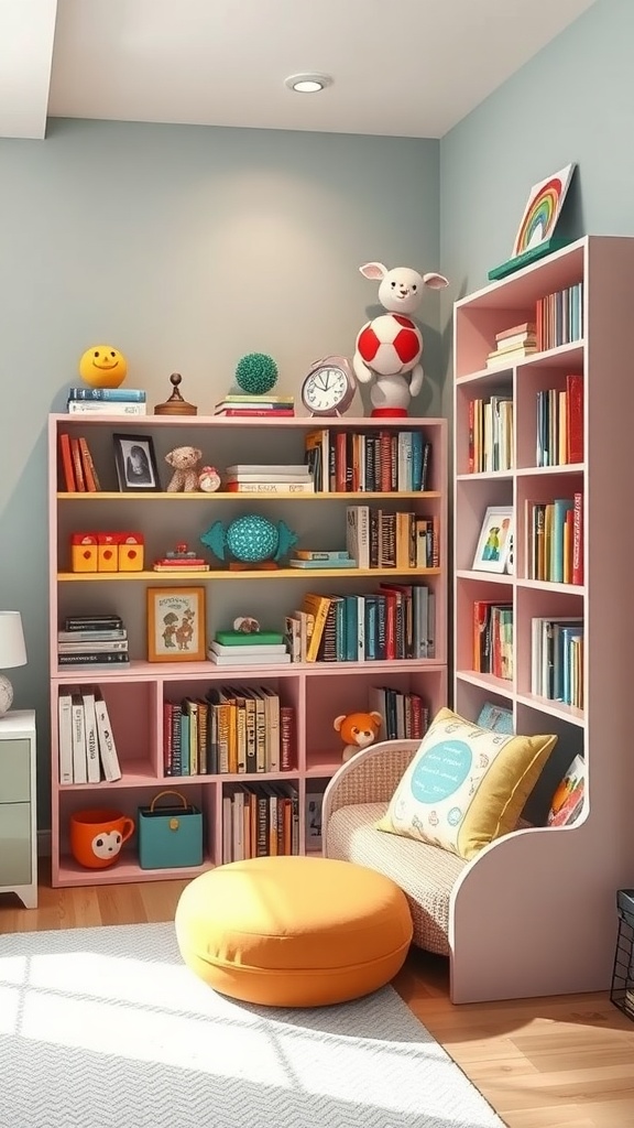 Cozy children's bedroom library corner with colorful books, a comfortable chair, and playful decor.
