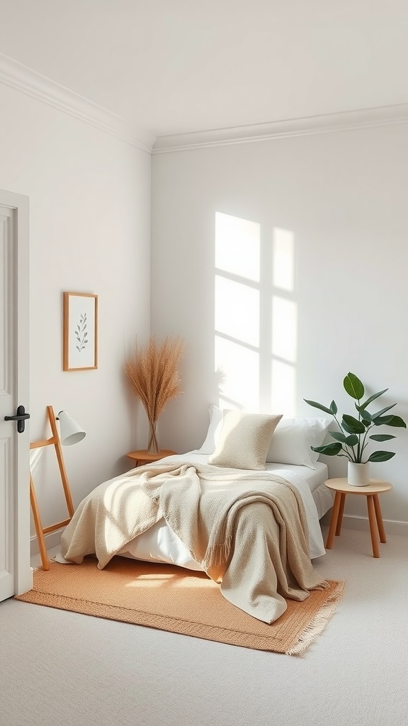 A small, cozy bedroom with neutral colors, featuring a bed with a blanket, a potted plant, and minimal decor.