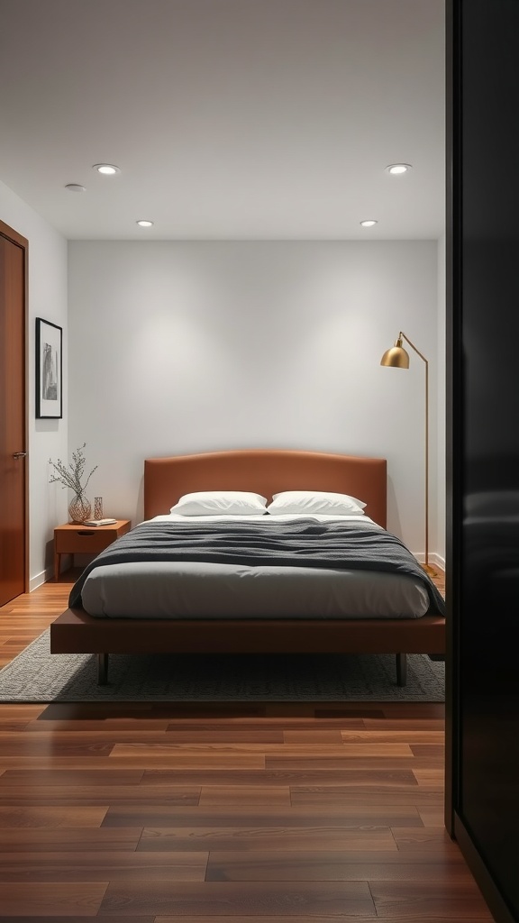 A modern small bedroom featuring a stylish platform bed with a clean design and warm wooden flooring.
