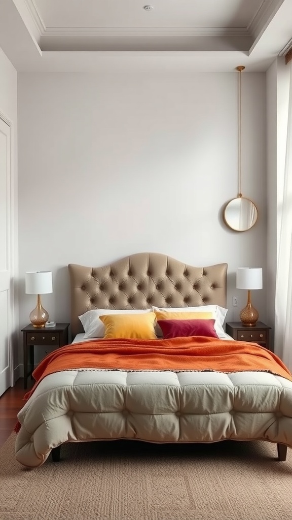 A stylish bedroom featuring a tufted headboard, colorful pillows, and warm tones.