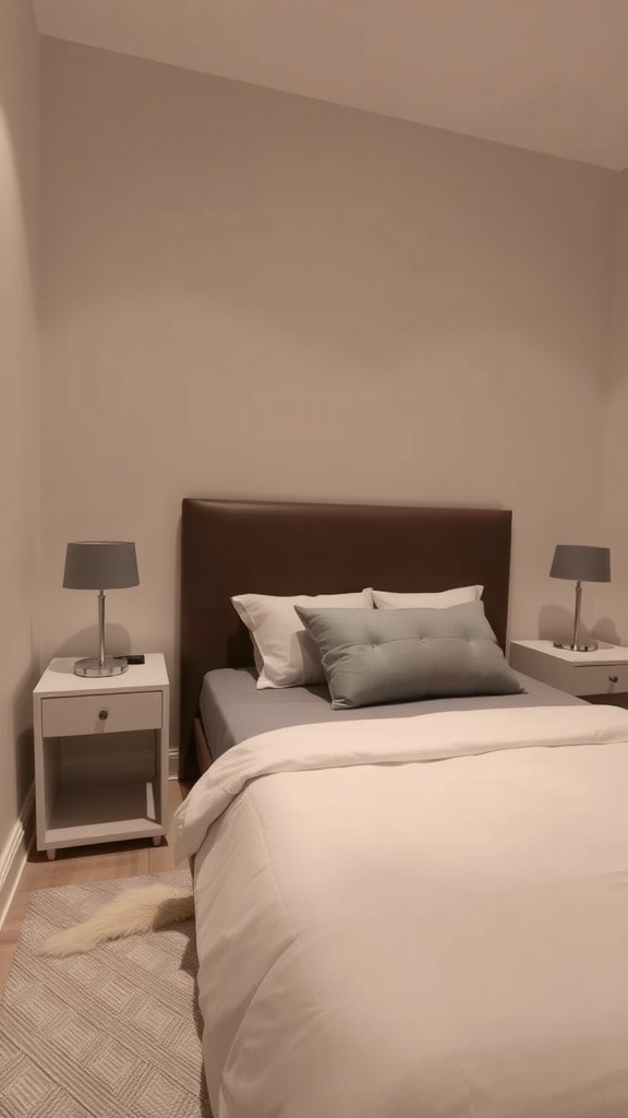 A small bedroom featuring compact white nightstands with lamps on either side of the bed.