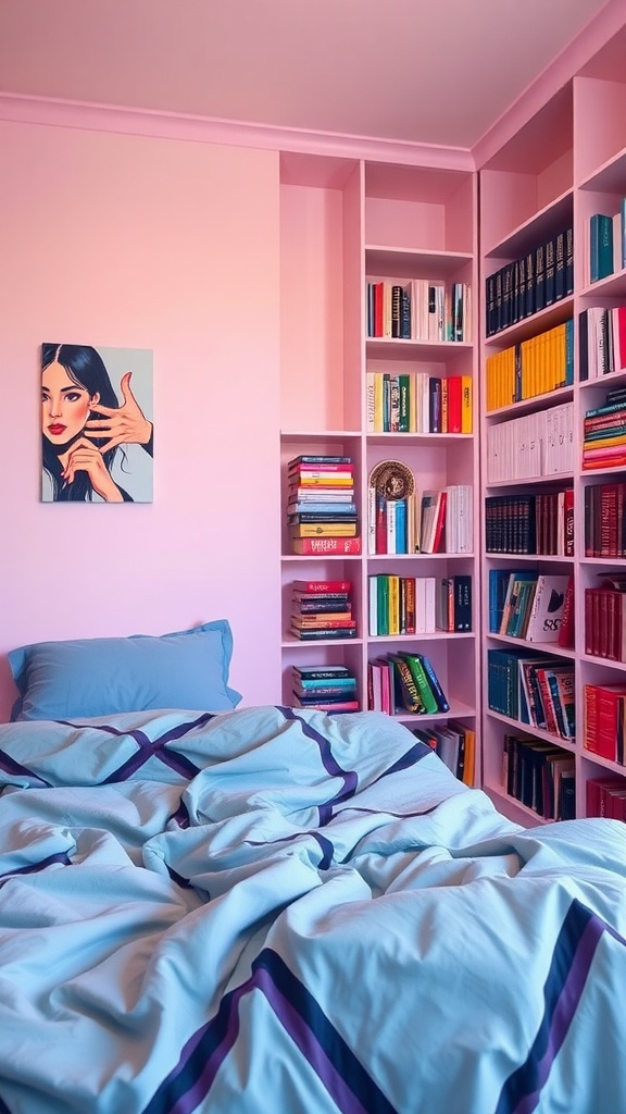 A cozy bedroom with a color-coded book display on shelves, featuring a pink wall and blue bedding.