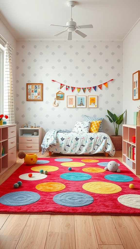 A small kid's bedroom featuring a colorful circular rug with red background and multi-colored circles.