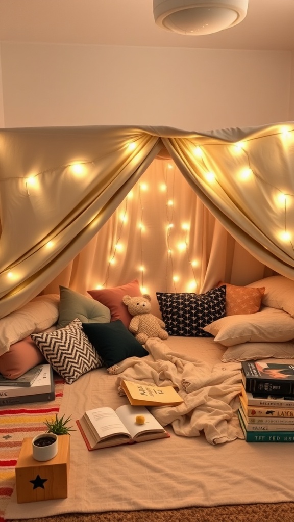 A cozy blanket fort with fairy lights and pillows, creating a warm reading nook.