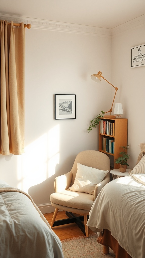 Cozy reading nook in a small bedroom with a chair, bookshelf, and warm lighting