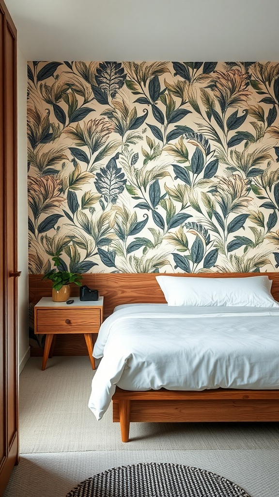 Stylish bedroom with a botanical feature wall wallpaper and wooden furniture