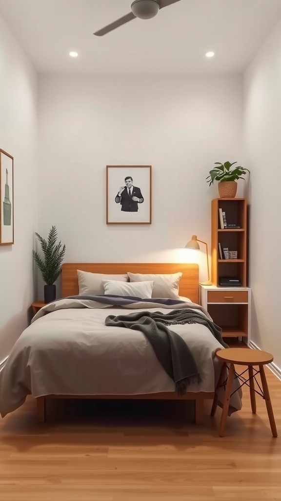 Minimalist small bedroom with a bed, dresser, and simple decor.