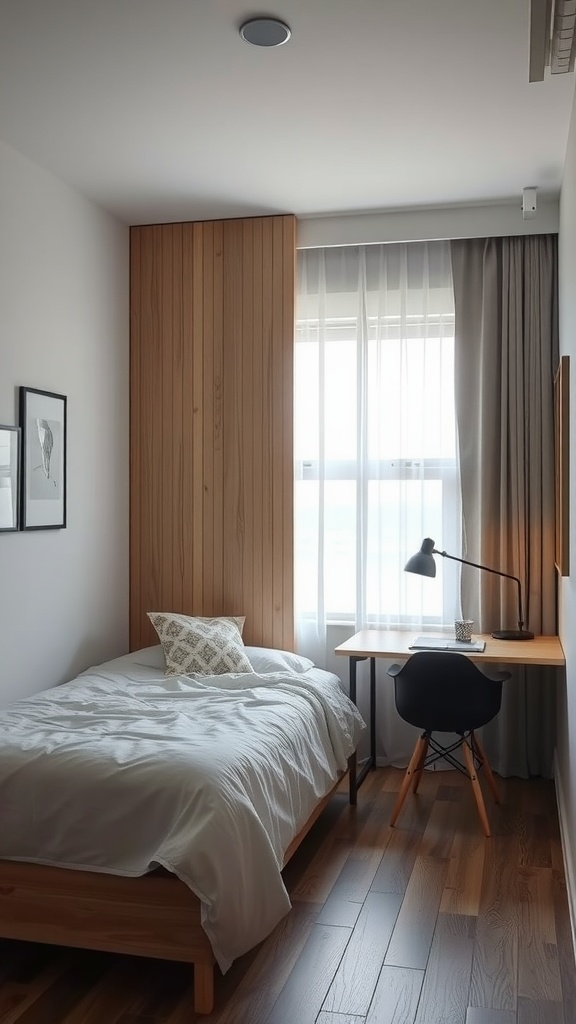 A small bedroom featuring a bed, a workspace, and a wooden room divider.