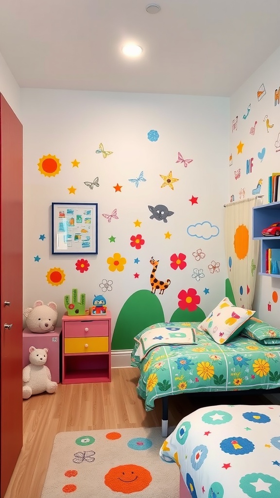 A colorful children's bedroom featuring playful wall decals, including flowers, butterflies, and a giraffe.