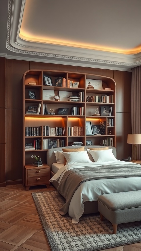 Cozy bedroom featuring a curved bookshelf with books and decorative items.