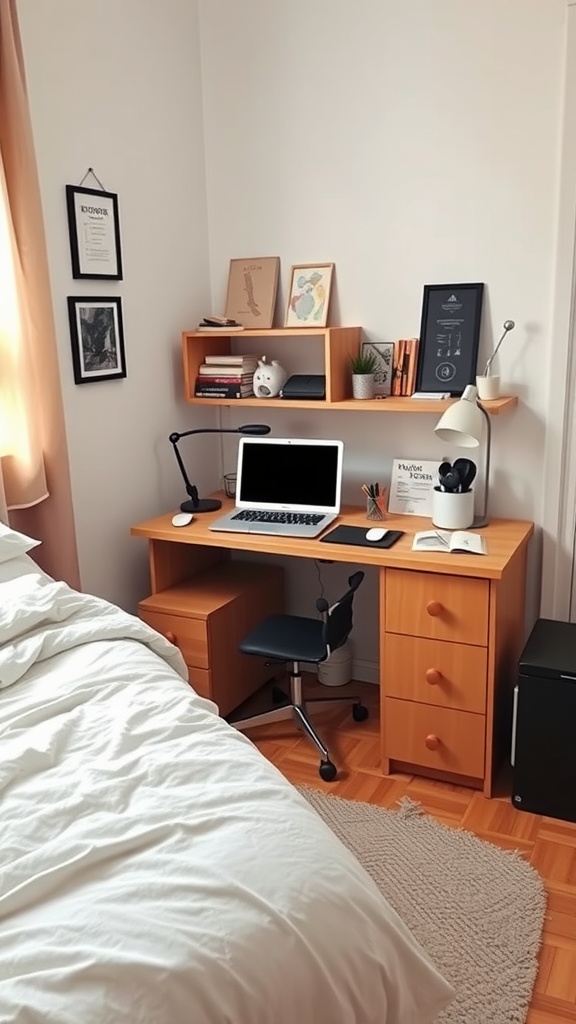 A compact workspace in a small bedroom featuring a desk, ergonomic chair, open shelving, and natural light.