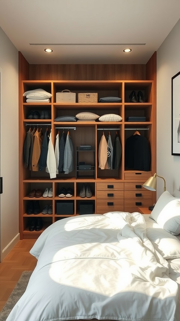 A well-organized closet with shelves, hanging clothes, and drawers
