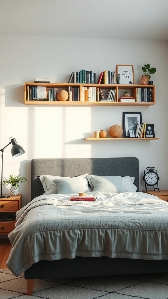 Floating shelves above the bed displaying books and decorative items in a cozy bedroom setting.