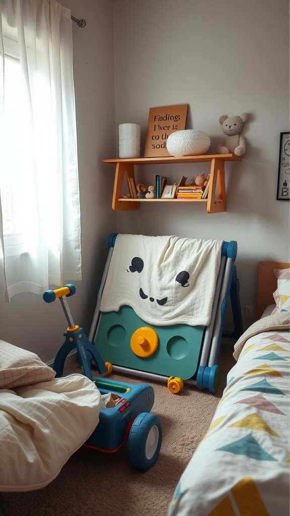 A small bedroom showcasing foldable play equipment, including a colorful slide and play cart, emphasizing space-saving designs.
