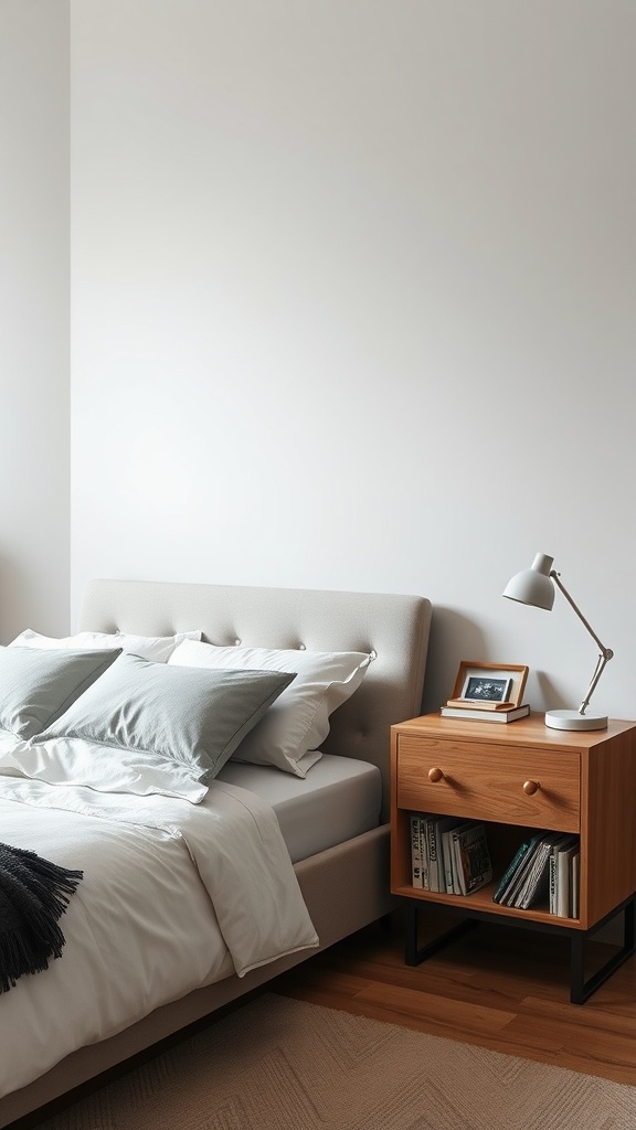 Stylish nightstand with hidden storage for books and accessories beside a bed