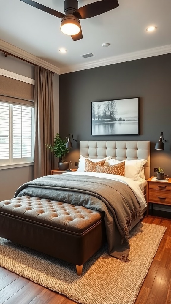 A small bedroom featuring a tufted storage ottoman, floating nightstand, and stylish decor.