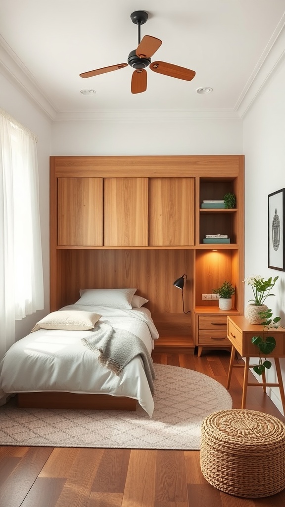 A small bedroom featuring a Murphy bed against a wooden wall, a cozy bed setup, a bedside lamp, and a decorative plant.