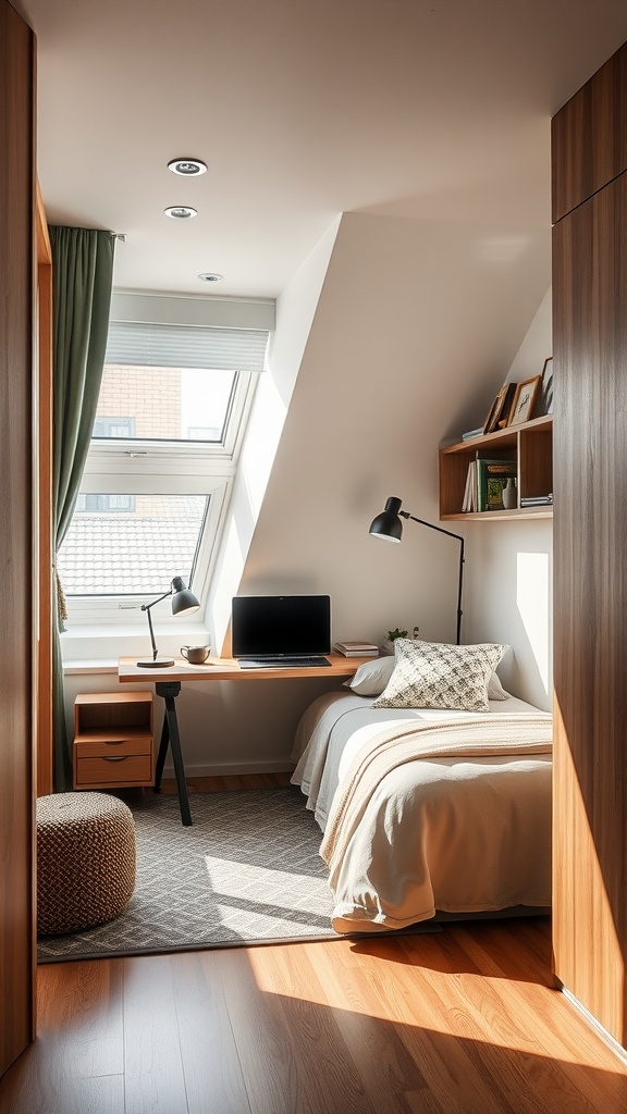 A small bedroom featuring a wall-mounted desk, modern chair, and cozy bedding.