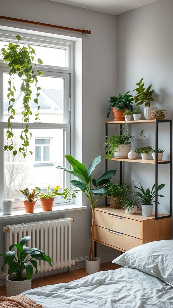 A small bedroom featuring a variety of plants near the window and on a shelf, creating a fresh and vibrant environment.