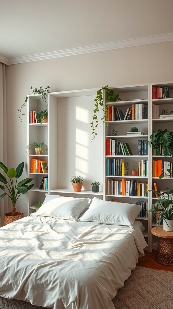 A cozy bedroom featuring bookshelves filled with books and various plants.