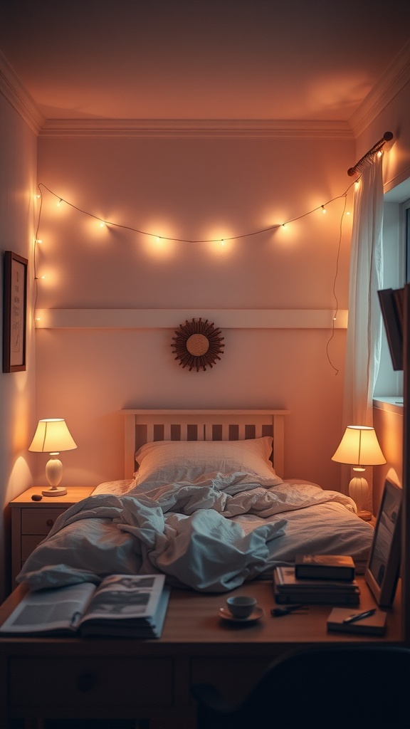 A cozy small bedroom with soft warm lighting, including string lights and bedside lamps, creating a relaxing atmosphere.