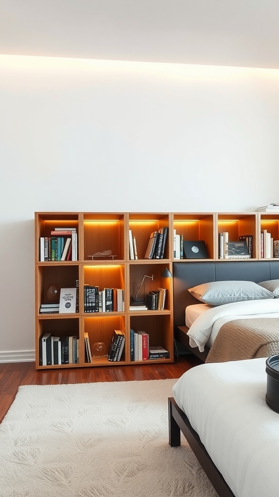 A modern bedroom featuring individual book cubes filled with books and decorative items, with warm lighting highlighting the shelves.