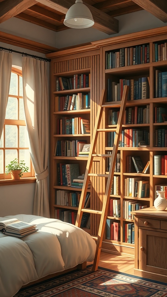 A cozy bedroom library with a wooden ladder leaning against tall bookshelves filled with books.