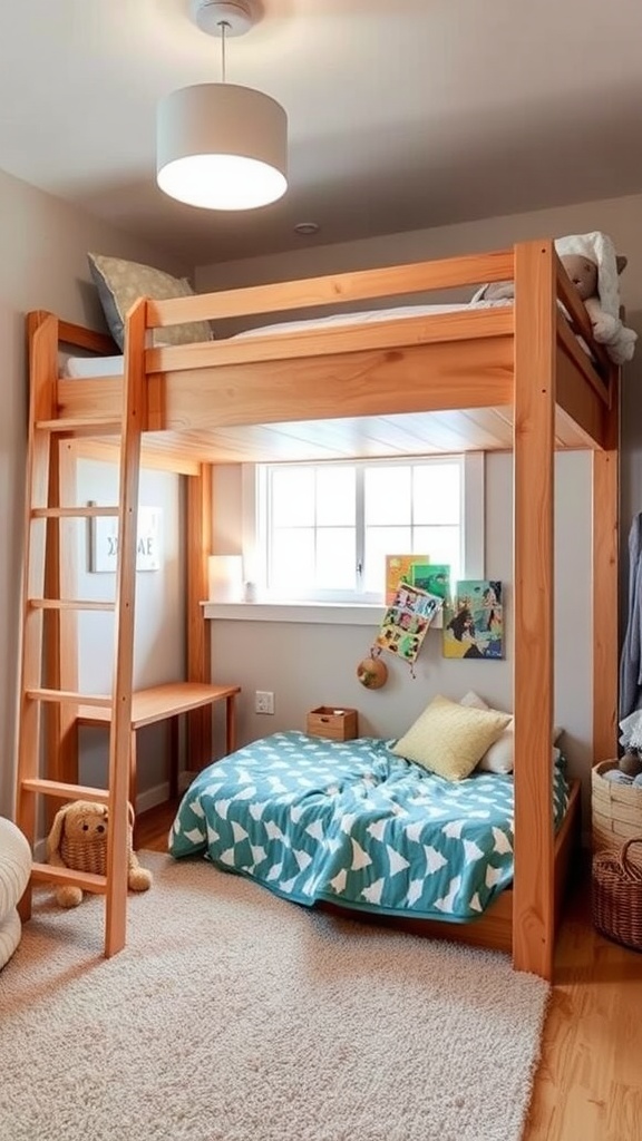 A cozy kids' bedroom featuring a wooden loft bed with a seating area underneath, colorful decor, and storage shelves.