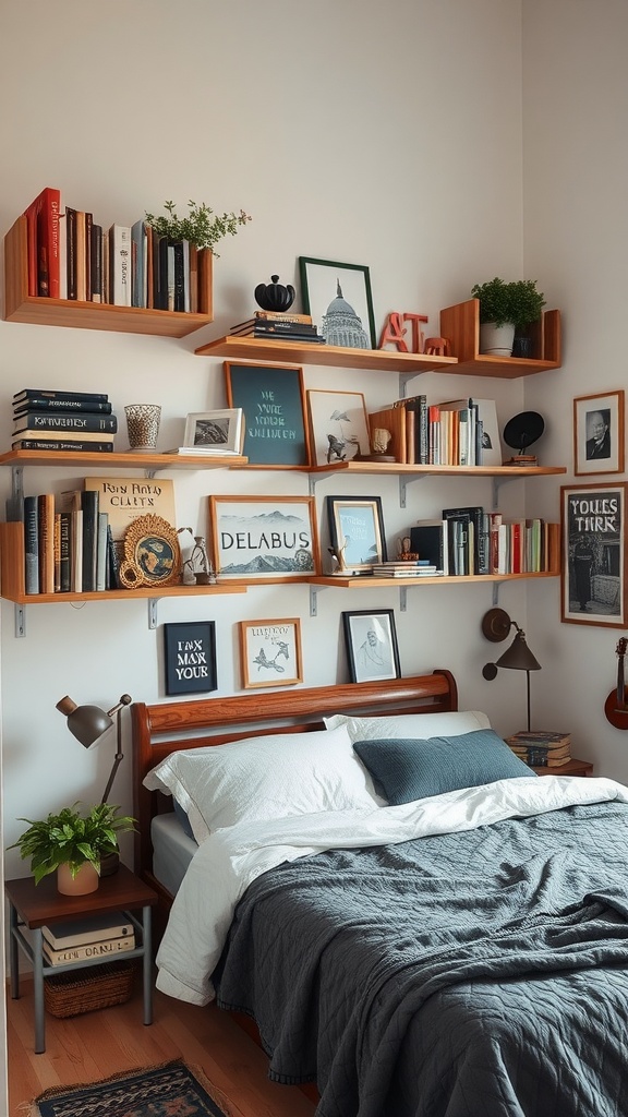 A cozy small bedroom featuring wooden shelves with books, plants, and framed pictures mounted above the bed.