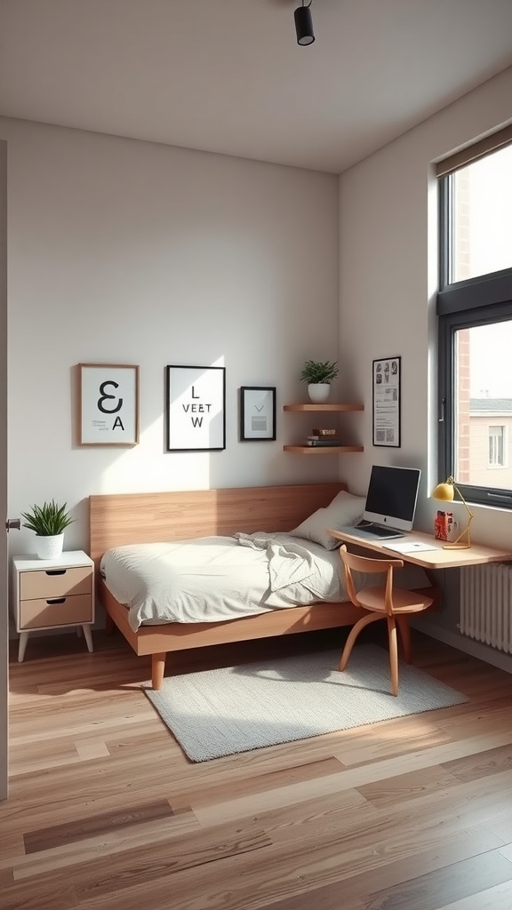 A small, stylish bedroom featuring a bed with storage, a compact desk, and wall shelves.