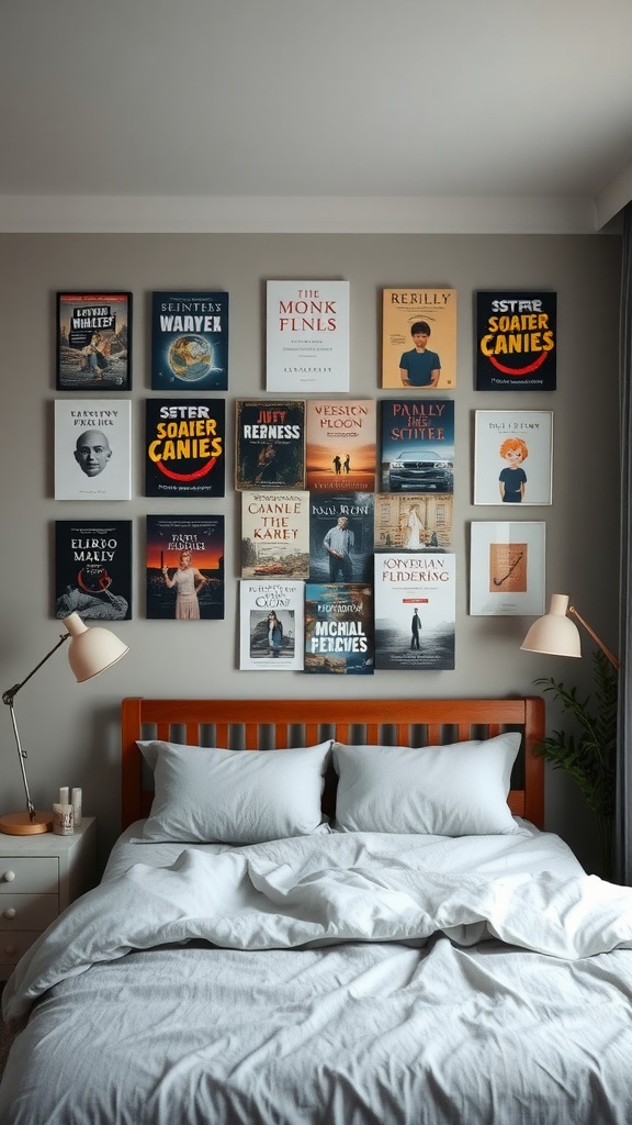 A bedroom with a personalized display of framed book covers above a bed.
