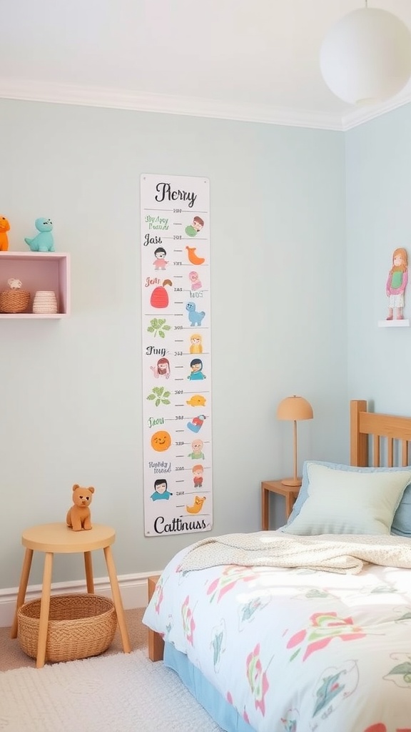 A personalized growth chart wall in a kids' bedroom, featuring colorful designs and measurements.