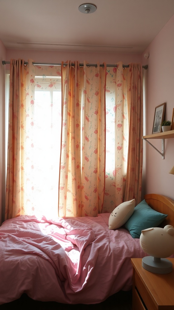 A small bedroom with floral curtains, soft pink bedding, and playful cushions.