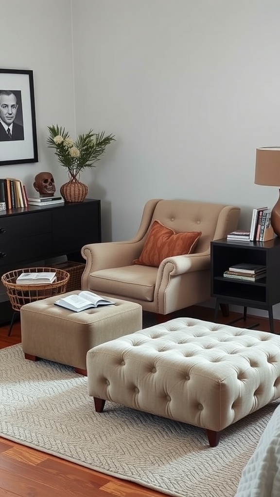 A cozy reading nook in a bedroom featuring a plush chair and matching ottomans.