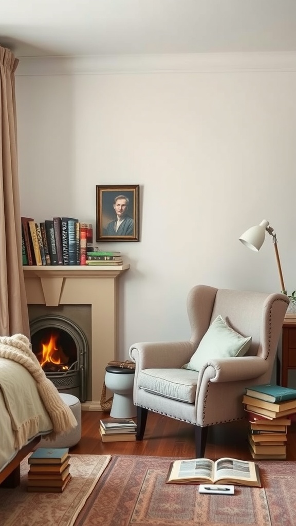 Cozy reading corner with an armchair, fireplace, and stacked books.