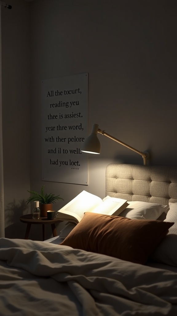 Cozy bedroom setting featuring a reading light with adjustable arm beside a bed, illuminating an open book.