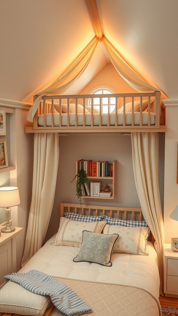 Cozy bedroom with a reading loft above the bed, featuring warm lighting and soft drapes.