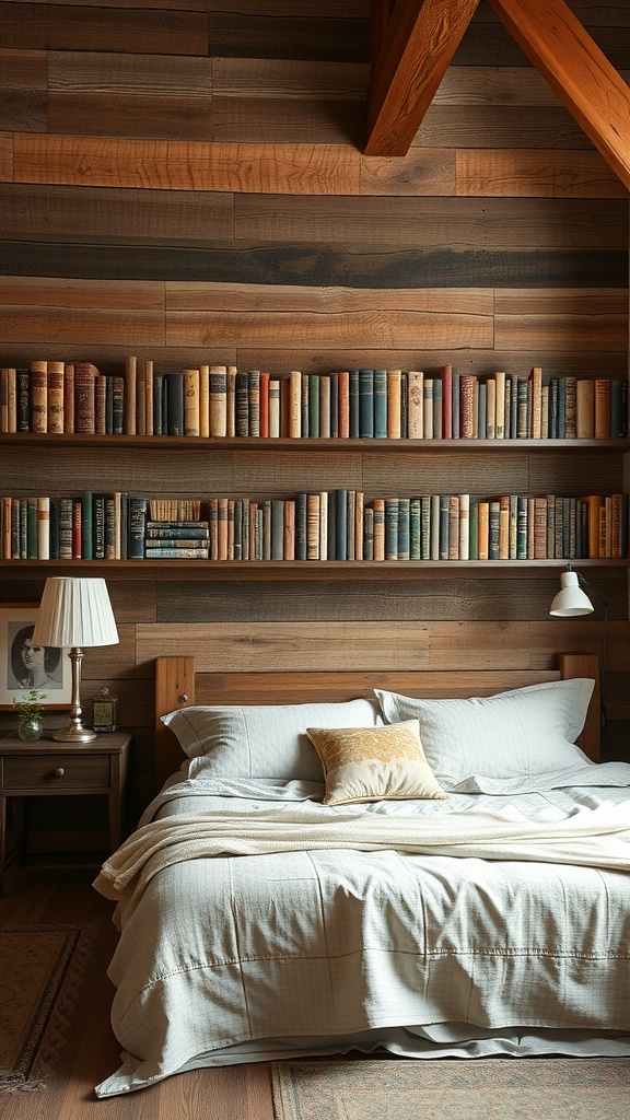 A cozy bedroom with a rustic wood library wall, featuring books on shelves and a comfortable bed.