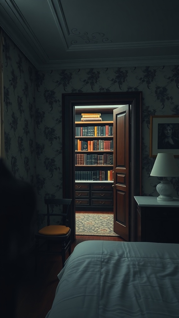 A cozy bedroom with a secret bookcase door leading to a library