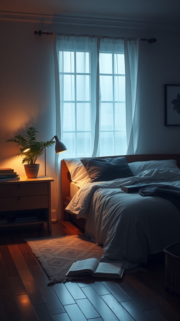 Cozy bedroom setup with soft lighting for reading, featuring a bed, a lamp, and an open book.