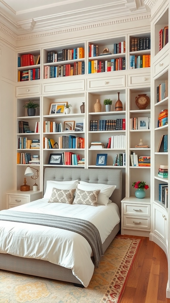 A cozy bedroom with stylish built-in bookshelves filled with colorful books and decorative items, creating a warm reading space.